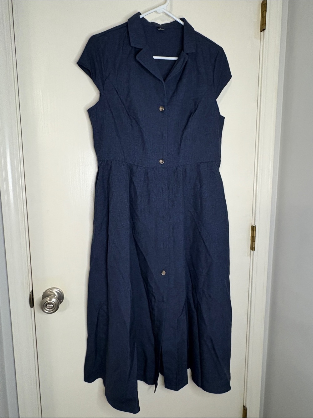 SHEIN Navy Button-Front Midi Dress with Cap Sleeves